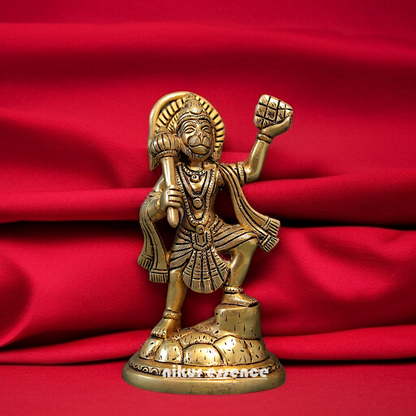 Pure Brass Hanuman ji holding sanjeevni booti with Gada statue - 7 Inches Nikuressence