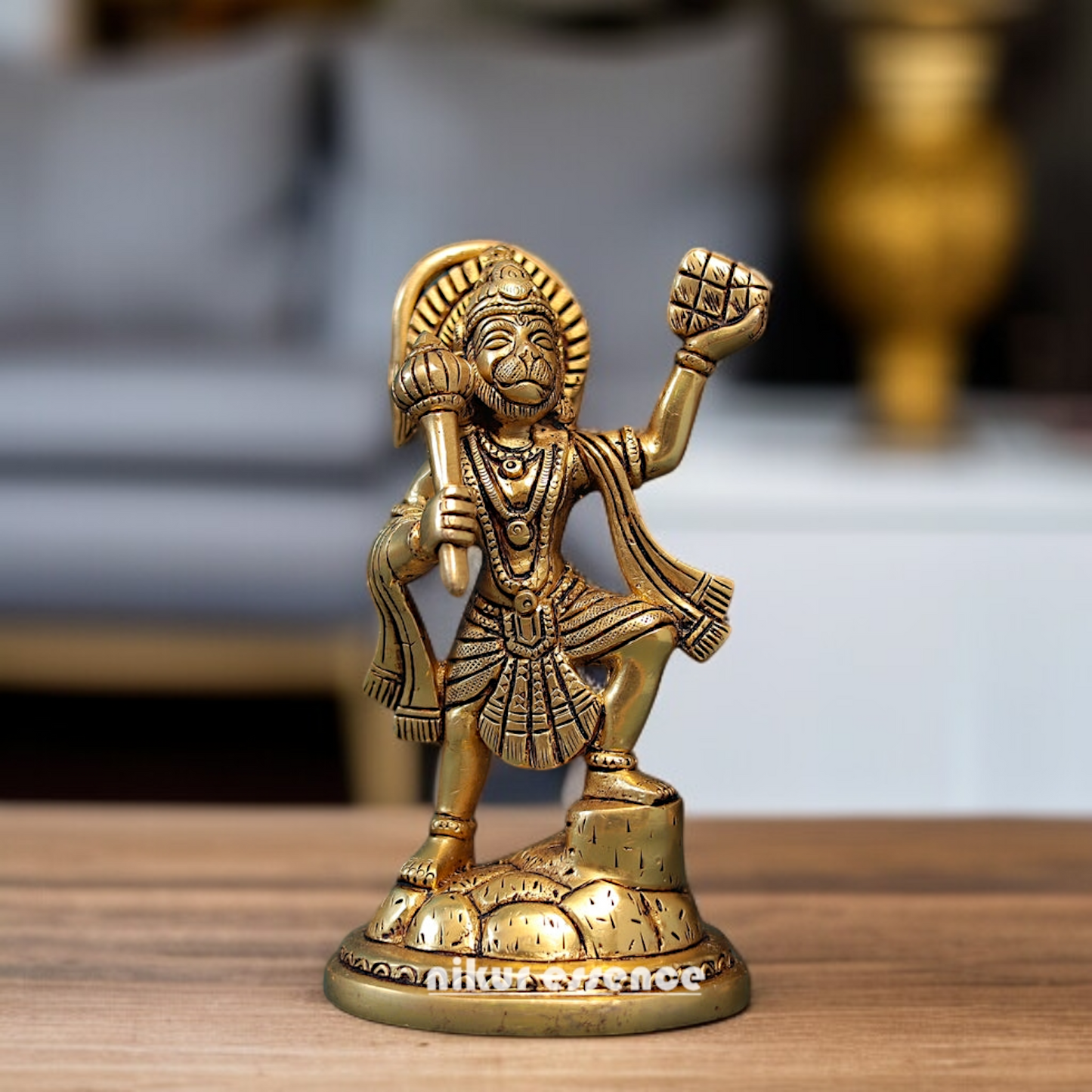 Pure Brass Hanuman ji holding sanjeevni booti with Gada statue - 7 Inches Nikuressence
