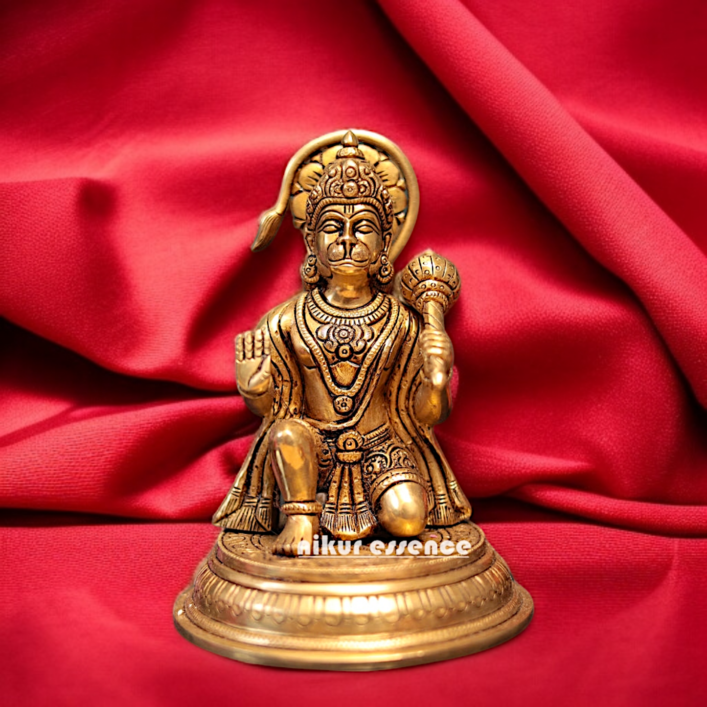 Pure Brass Hanuman seated in Abhay mudra with blessing and Gada idol - 7 Inches Nikuressence