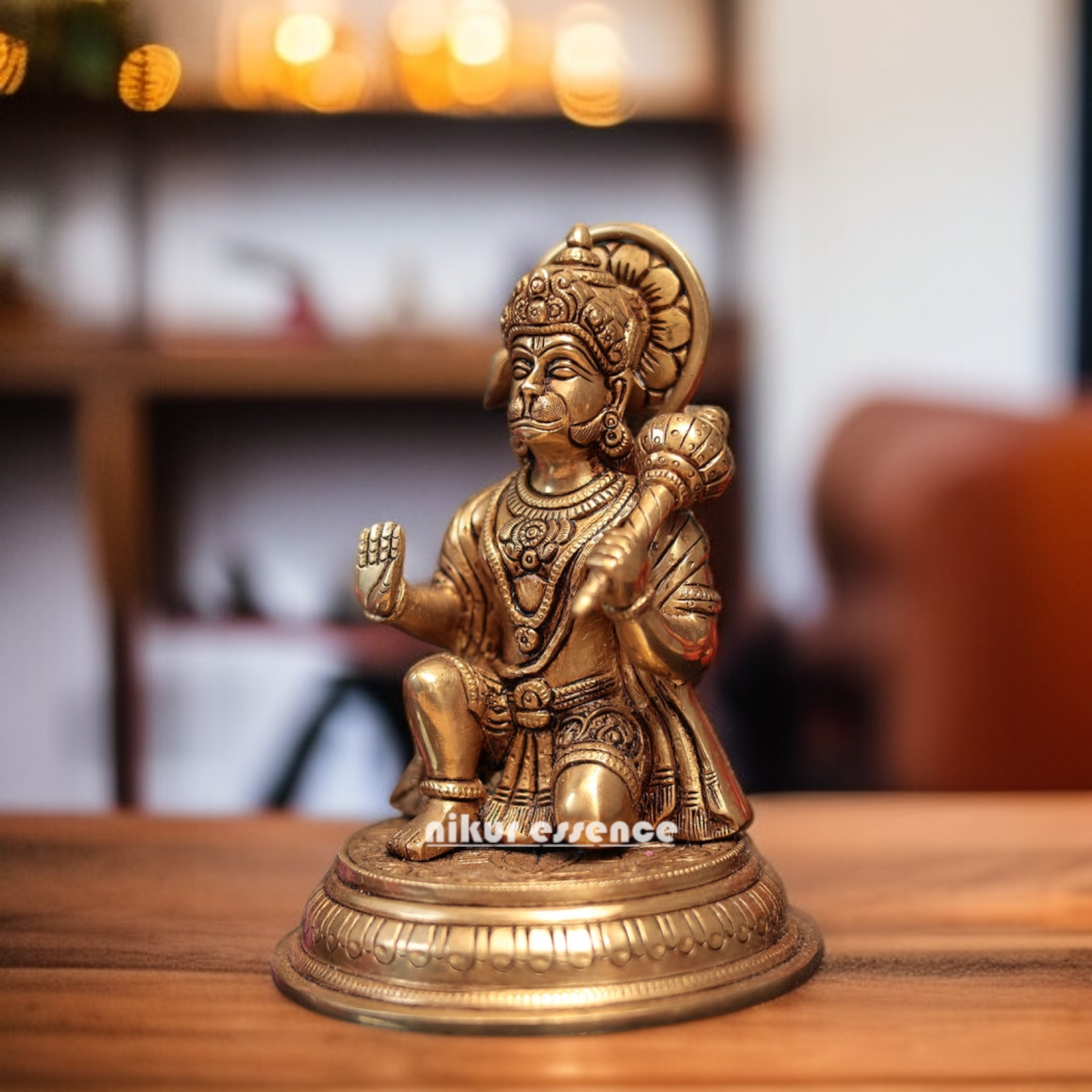 Pure Brass Hanuman seated in Abhay mudra with blessing and Gada idol - 7 Inches Nikuressence