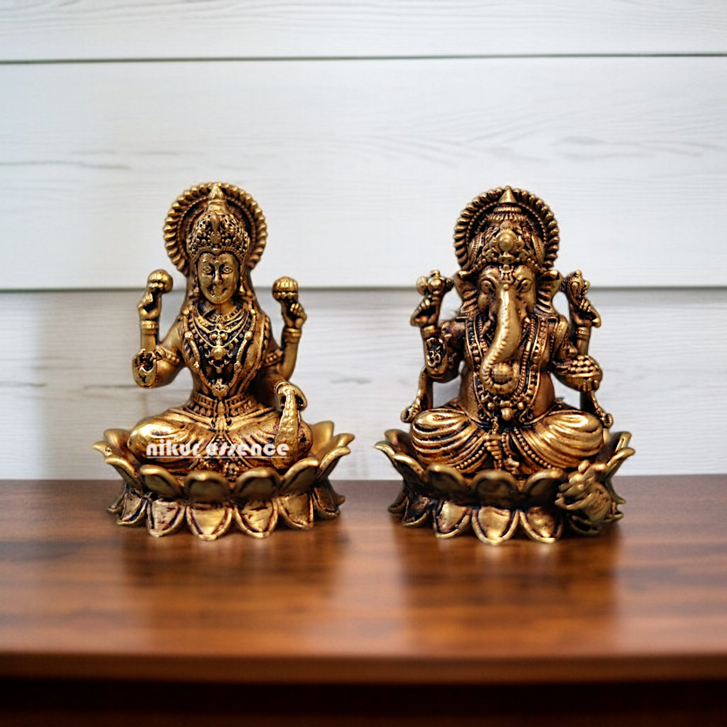 Antique Brass Ganesha Lakshmi Sitting on Lotus statue - 3 inches Nikuressence