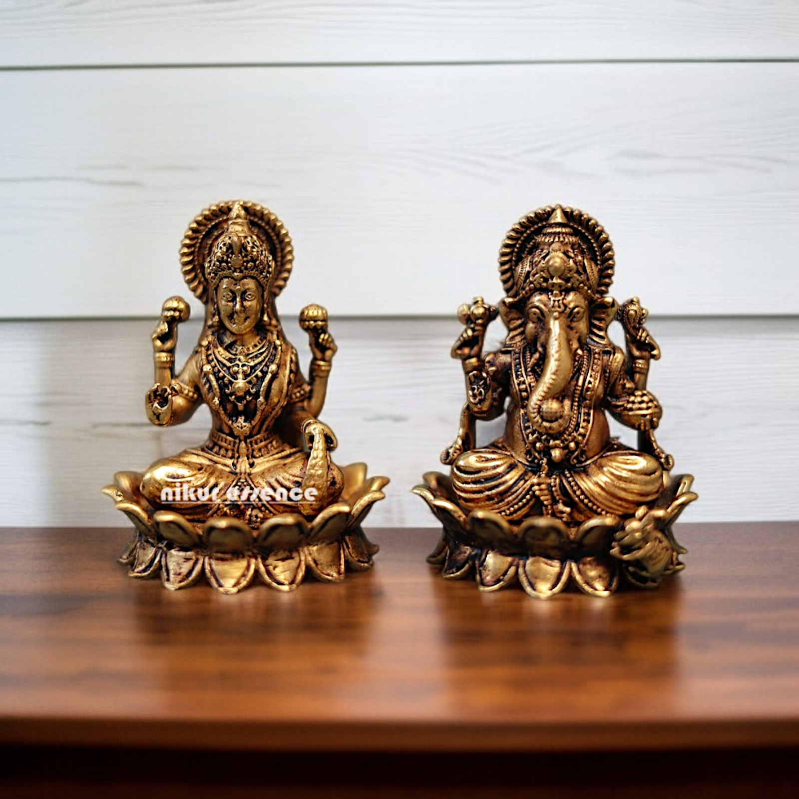 Antique Brass Ganesha Lakshmi Sitting on Lotus statue - 3 inches Nikuressence