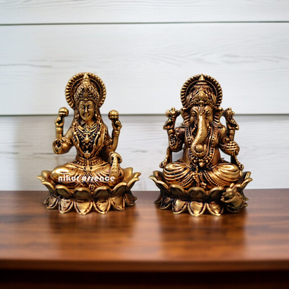 Antique Brass Ganesha Lakshmi Sitting on Lotus statue - 3 inches Nikuressence