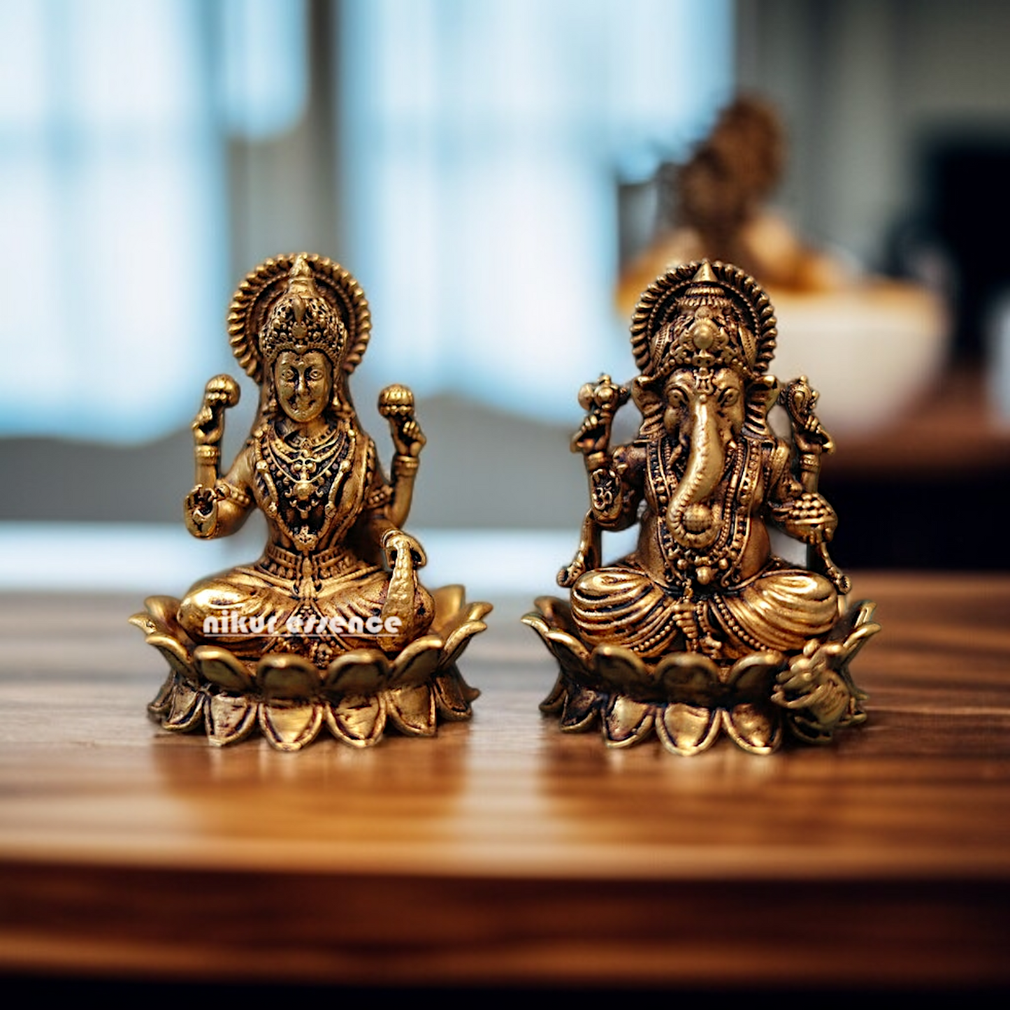 Antique Brass Ganesha Lakshmi Sitting on Lotus statue - 3 inches Nikuressence