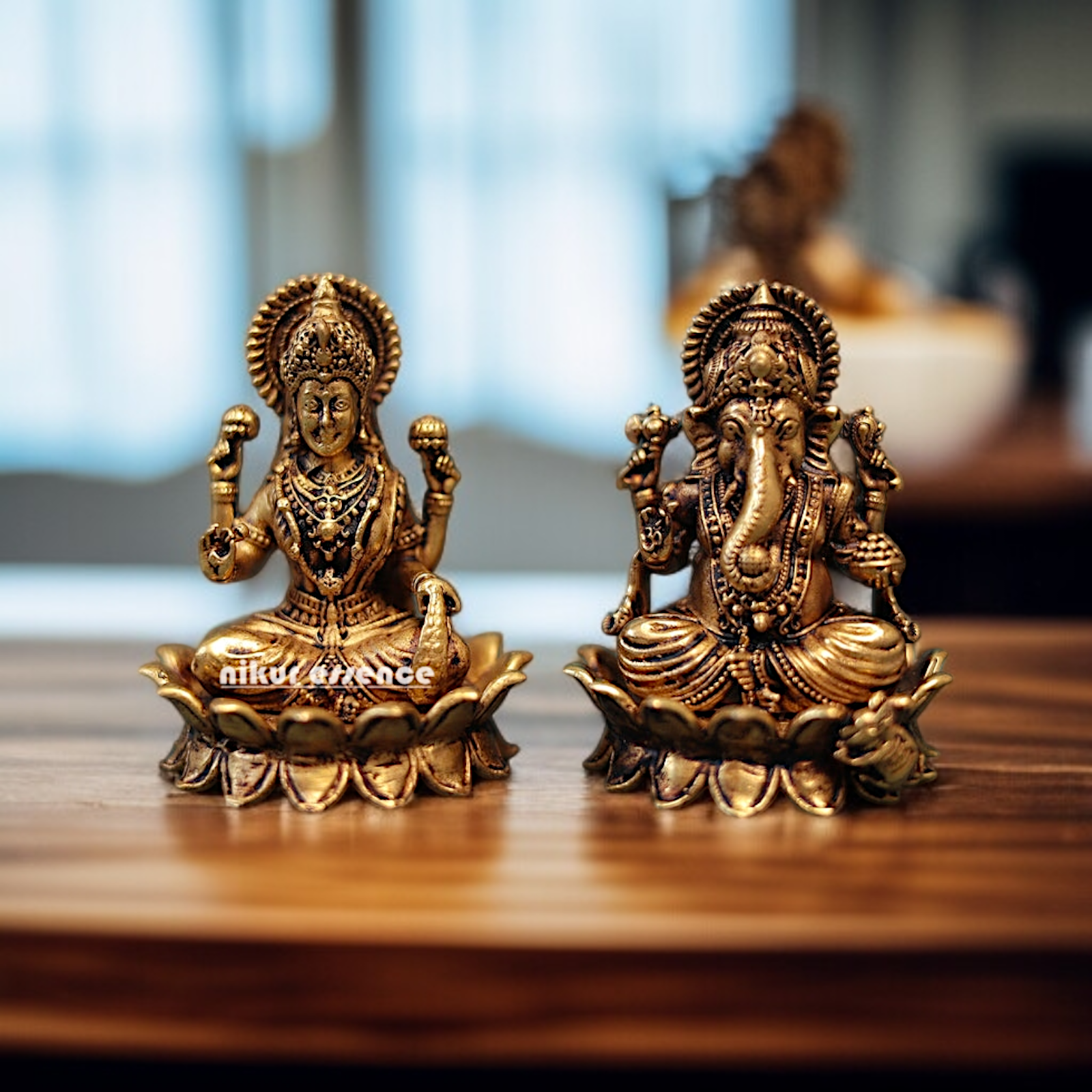 Antique Brass Ganesha Lakshmi Sitting on Lotus statue - 3 inches Nikuressence