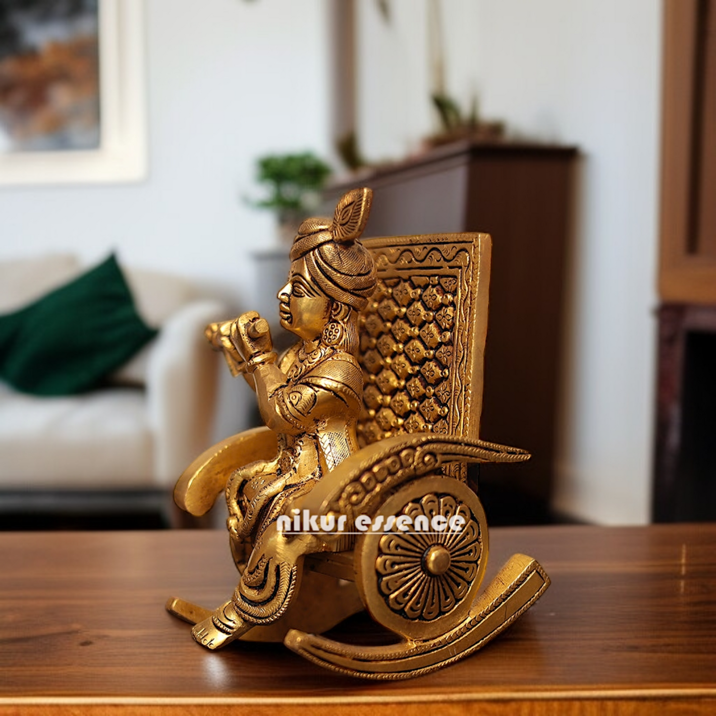 Pure Brass Krishna seated on swinging chair with Playing Flute idol - 6.5 Inches Nikuressence