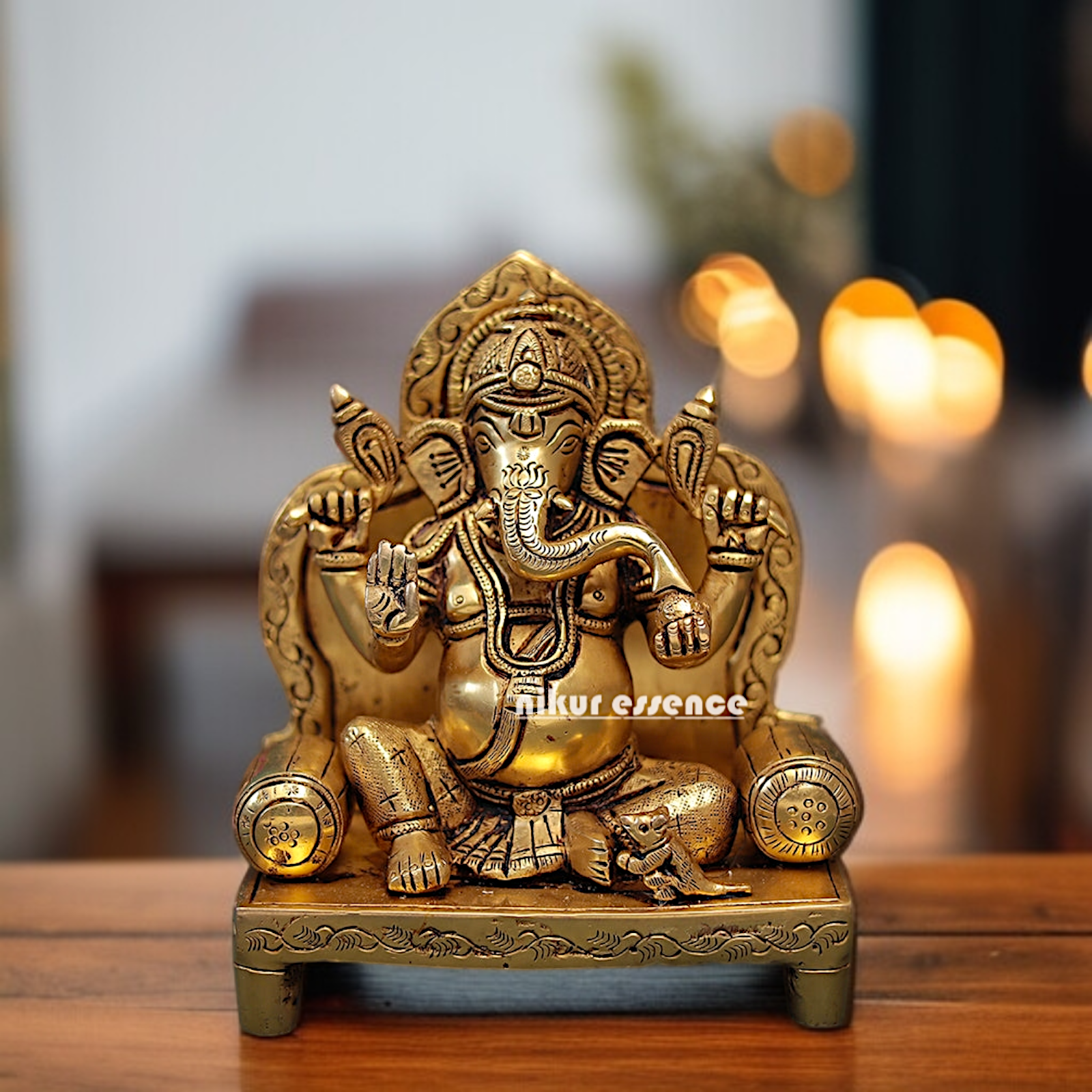 Pure Brass Ganesha Vinayaka Sitting on singhasan statue - 8 Inches Nikuressence
