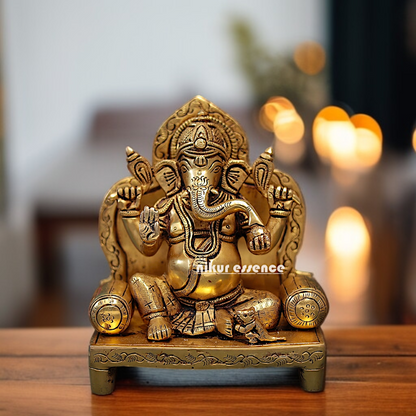 Pure Brass Ganesha Vinayaka Sitting on singhasan statue - 8 Inches Nikuressence