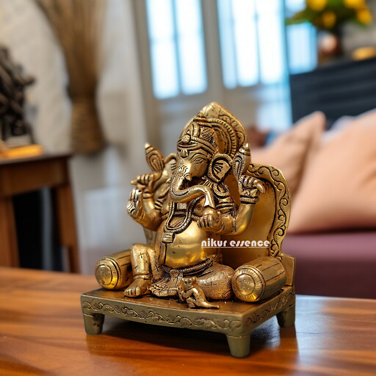 Pure Brass Ganesha Vinayaka Sitting on singhasan statue - 8 Inches Nikuressence