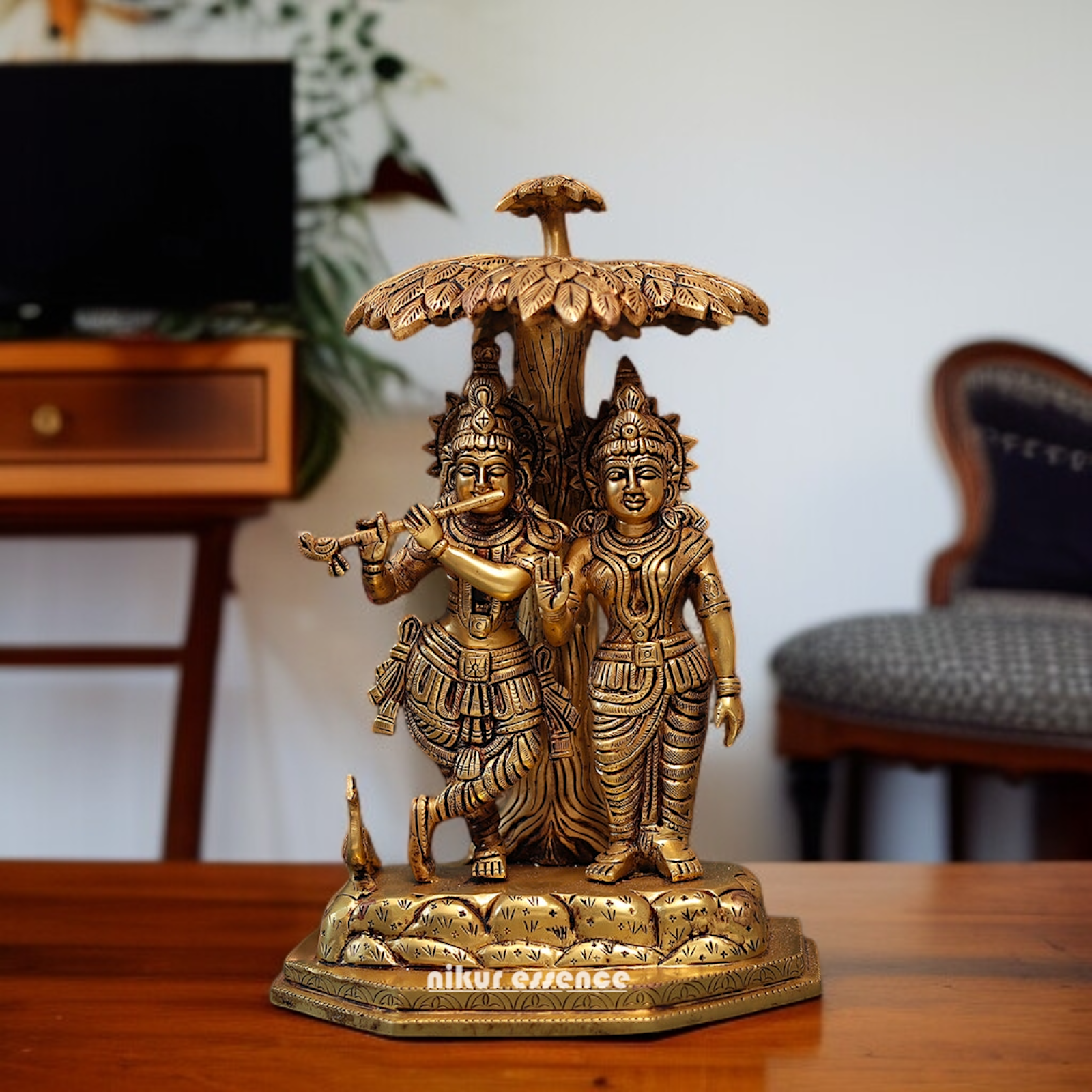 Goddess Radha krishna with Tree and Peacock Brass idol - 14 Inches Nikuressence