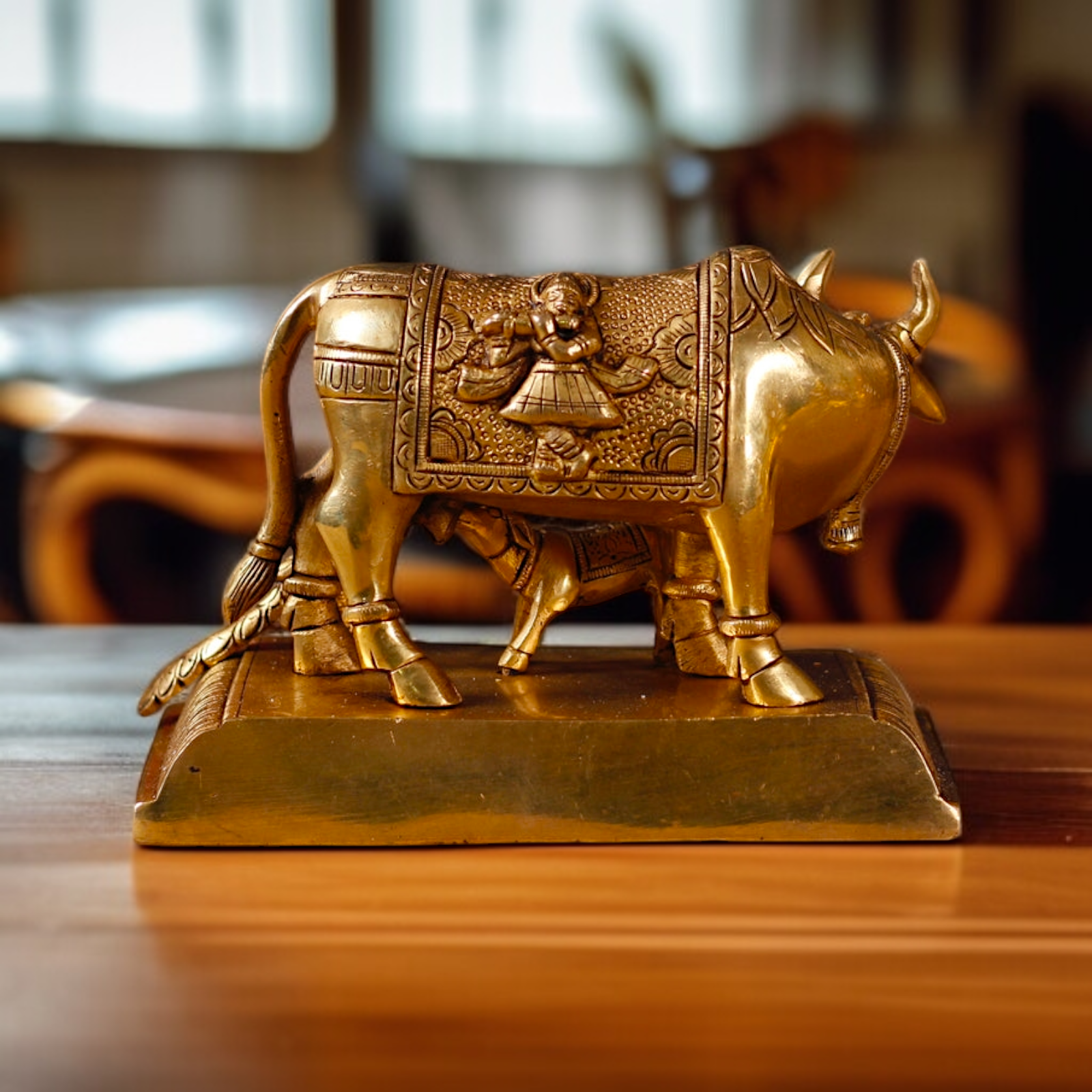 Pure Brass kamadhenu Cow with calf Pooja statue - 7 inches Nikuressence