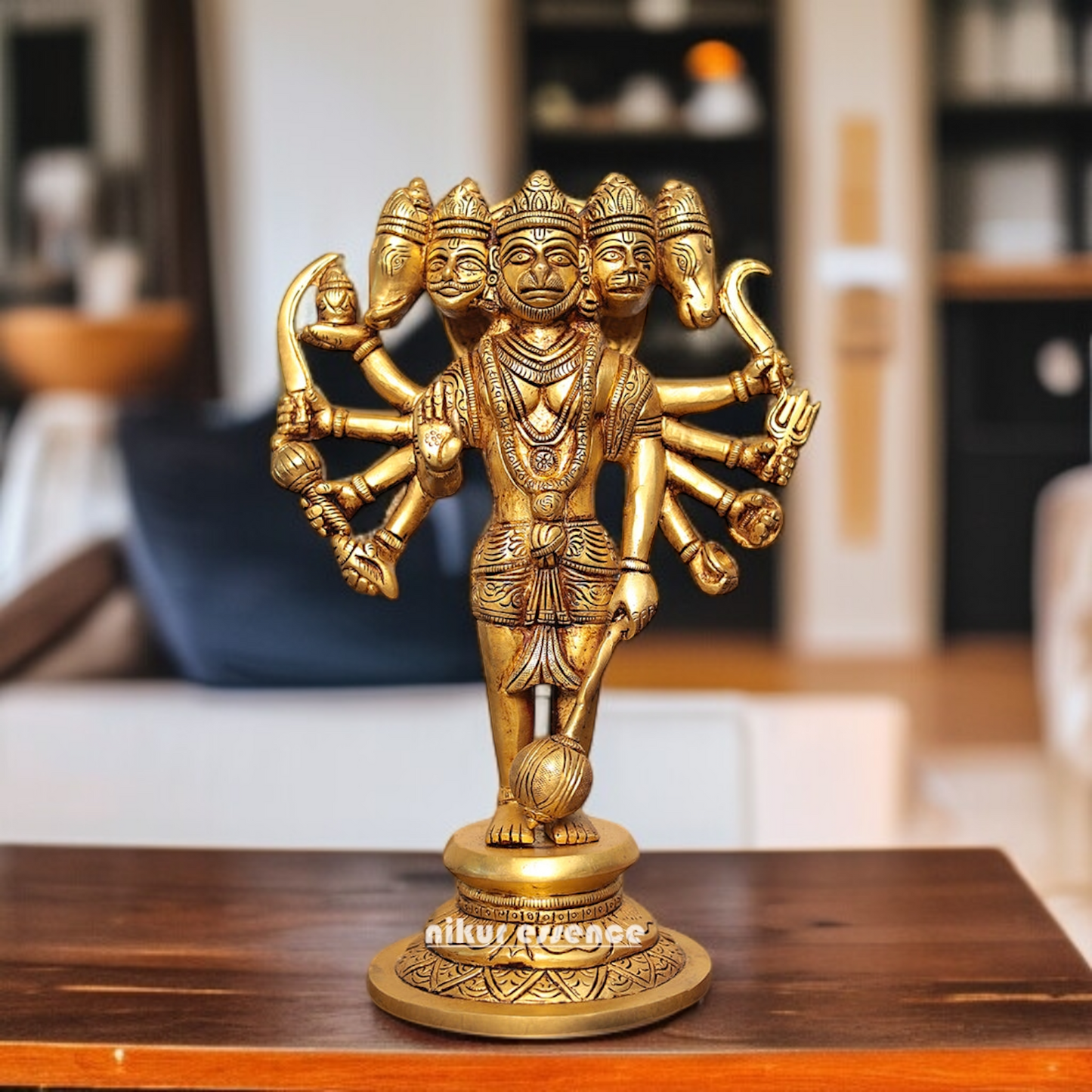 Pure Brass Panchmukhi Hanuman ji standing with Gada mack statue - 1 Feet Nikuressence