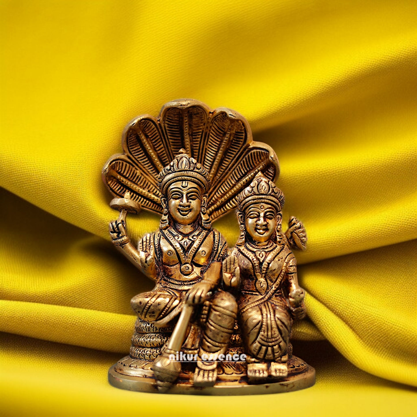 Vishnu with Lakshmi seated on singhasan and hold Gada Brass idol - 7 Inches Nikuressence