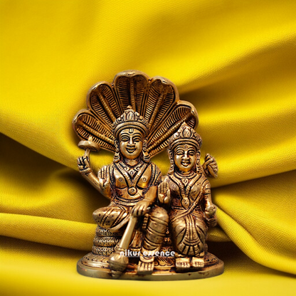 Vishnu with Lakshmi seated on singhasan and hold Gada Brass idol - 7 Inches Nikuressence
