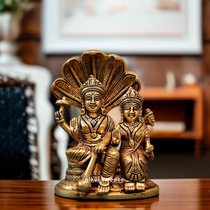 Vishnu with Lakshmi seated on singhasan and hold Gada Brass idol - 7 Inches Nikuressence