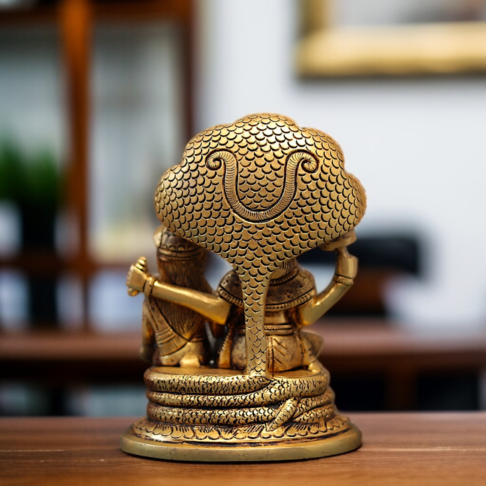 Vishnu with Lakshmi seated on singhasan and hold Gada Brass idol - 7 Inches Nikuressence