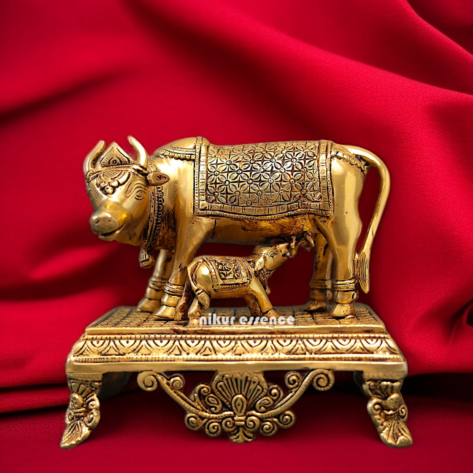 Solid Brass kamadhenu Cow with calf standing idol - 8 Inches Nikuressence