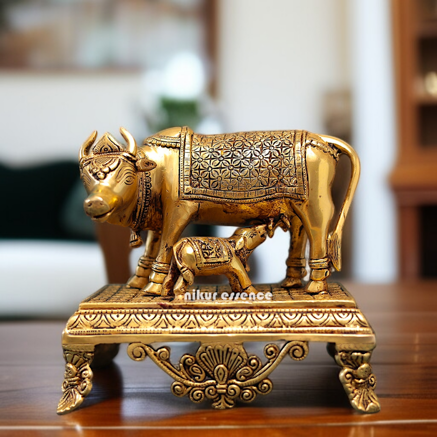 Solid Brass kamadhenu Cow with calf standing idol - 8 Inches Nikuressence