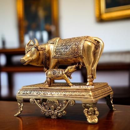 Solid Brass kamadhenu Cow with calf standing idol - 8 Inches Nikuressence