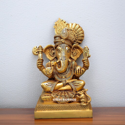 Lord Ganpati Ganesha Sitting on throne Brass statue - 1 Feet Nikuressence