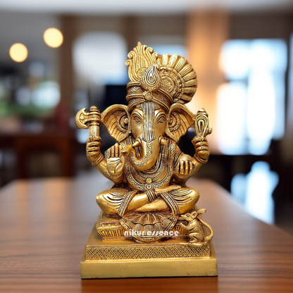 Lord Ganpati Ganesha Sitting on throne Brass statue - 1 Feet Nikuressence