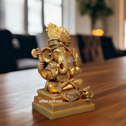 Lord Ganpati Ganesha Sitting on throne Brass statue - 1 Feet Nikuressence