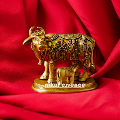 Goddess kamadhenu cow with Calf Antique Brass idol - 6 Inches Nikuressence