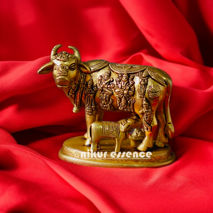 Goddess kamadhenu cow with Calf Antique Brass idol - 6 Inches Nikuressence