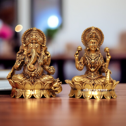 Maha Lakshmi with Ganesha Blessing seated on lotus Brass idol - 4 Inches Nikuressence