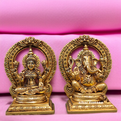 Ganesha with Lakshmi seated on singhasan Brass idol - 9.5 Inches Nikuressence
