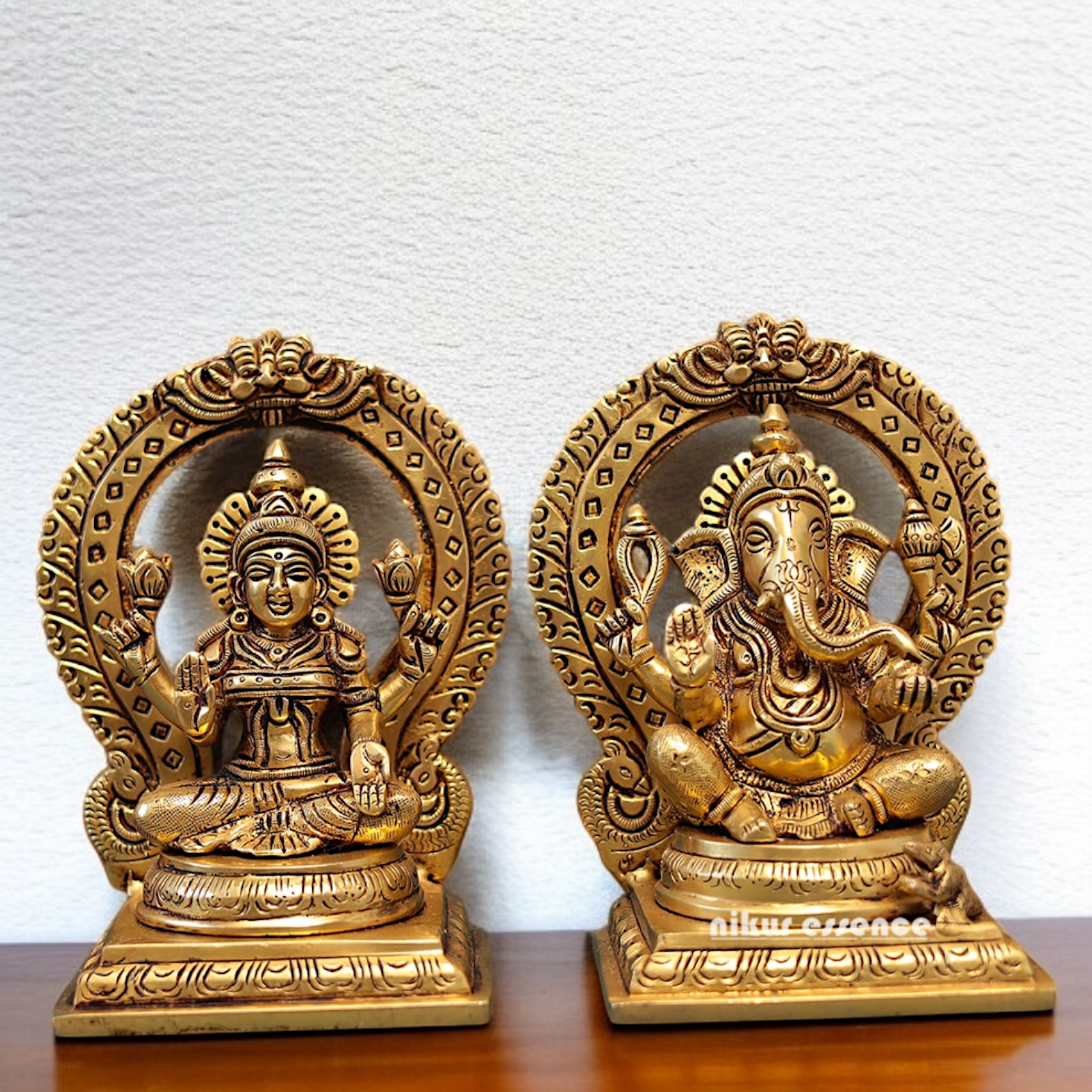 Ganesha with Lakshmi seated on singhasan Brass idol - 9.5 Inches Nikuressence