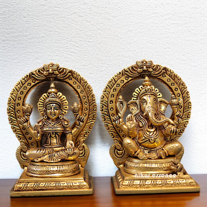 Ganesha with Lakshmi seated on singhasan Brass idol - 9.5 Inches Nikuressence