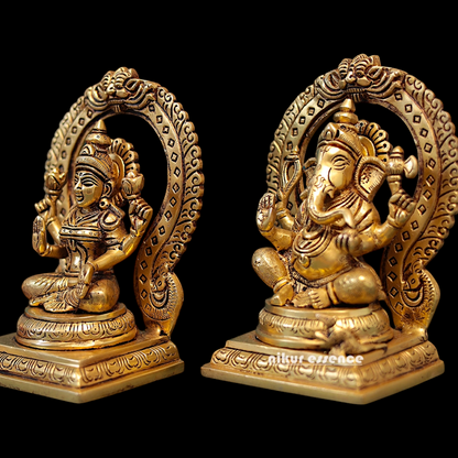 Ganesha with Lakshmi seated on singhasan Brass idol - 9.5 Inches Nikuressence