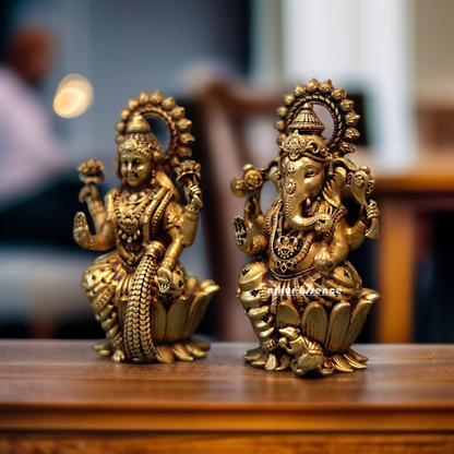 Ganesha Ganpati moriya with Lakshmi Solid Brass idol - 4 Inches Nikuressence