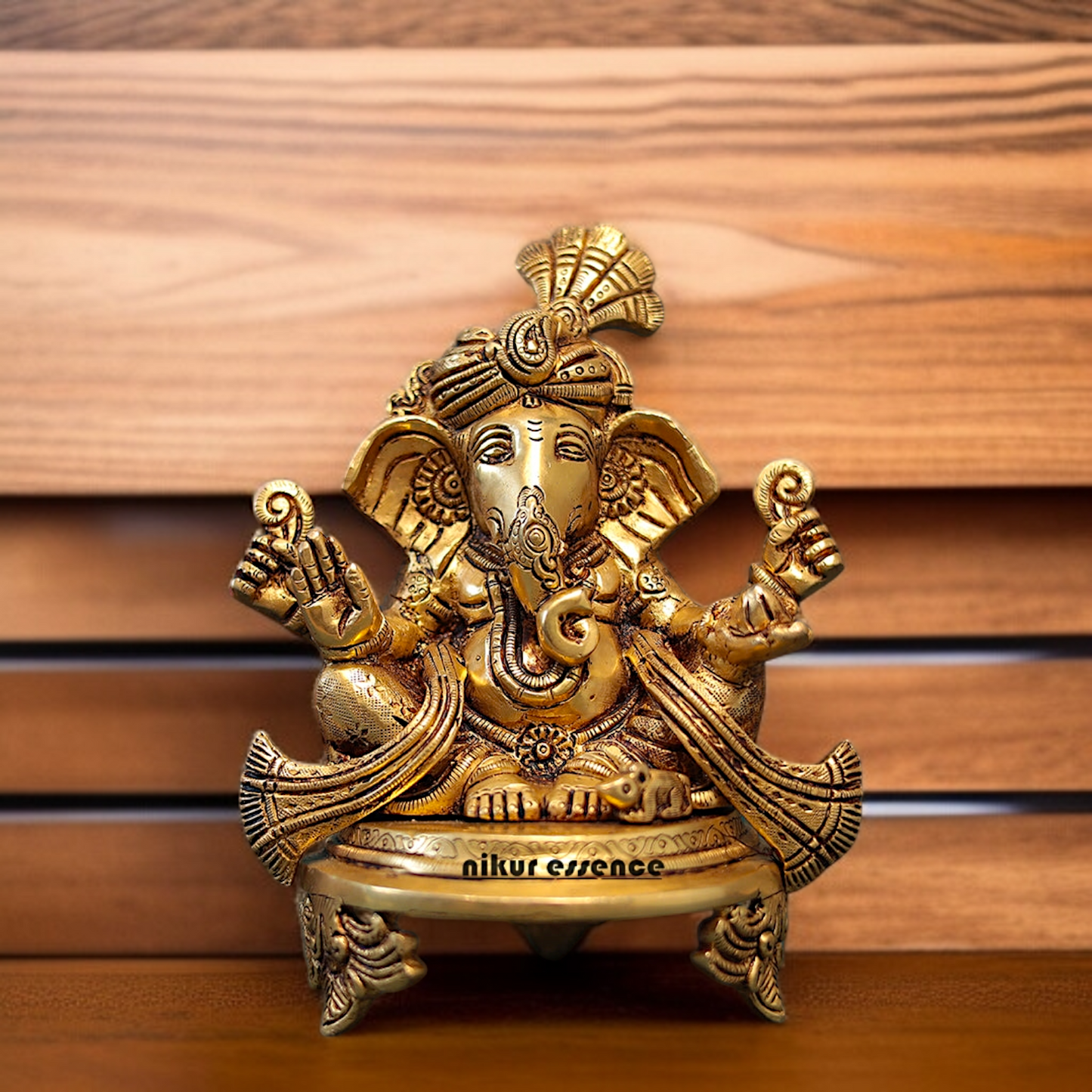 Ganesha pagdi Seated on chowki Brass idol - 7.5 Inches Nikuressence