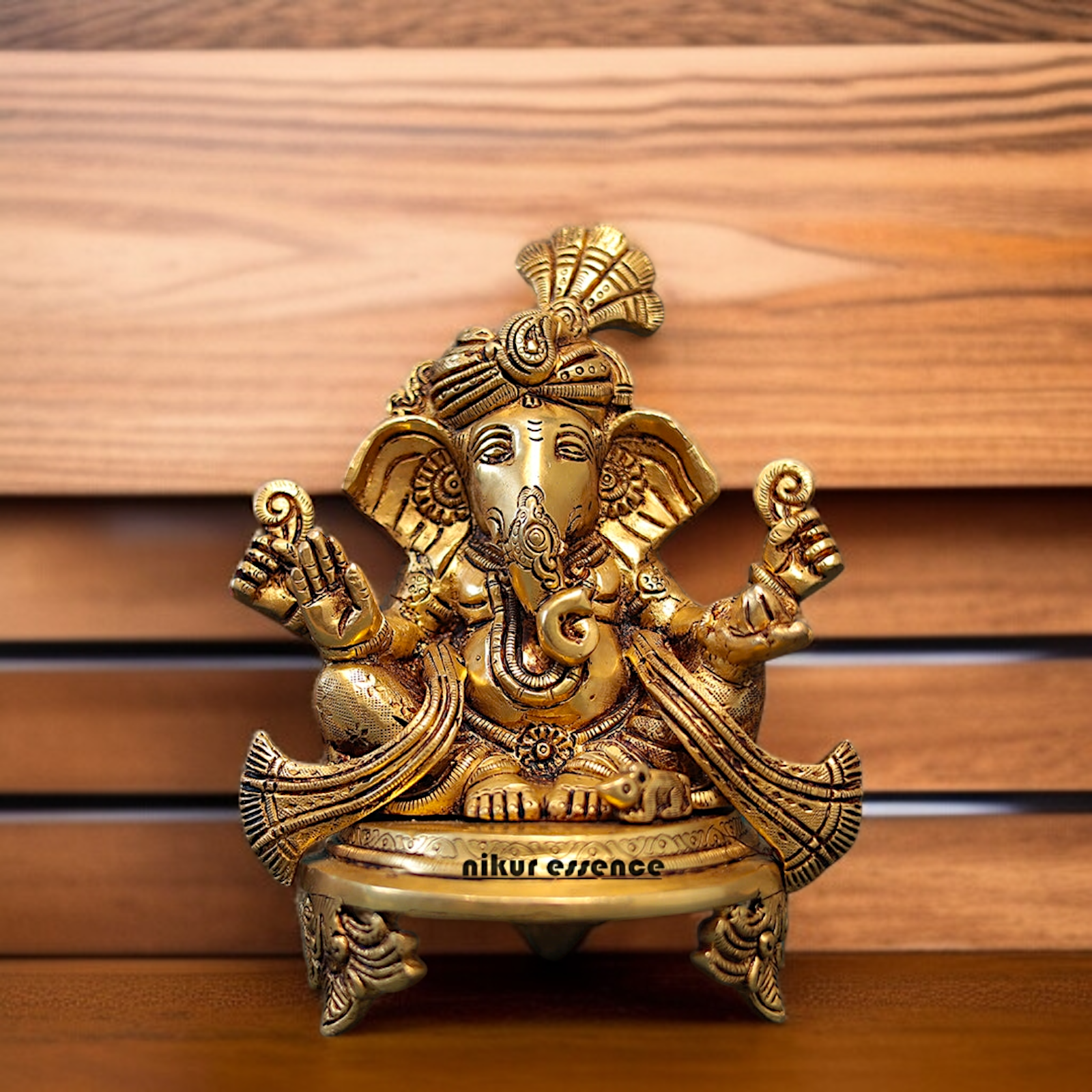 Ganesha pagdi Seated on chowki Brass idol - 7.5 Inches Nikuressence