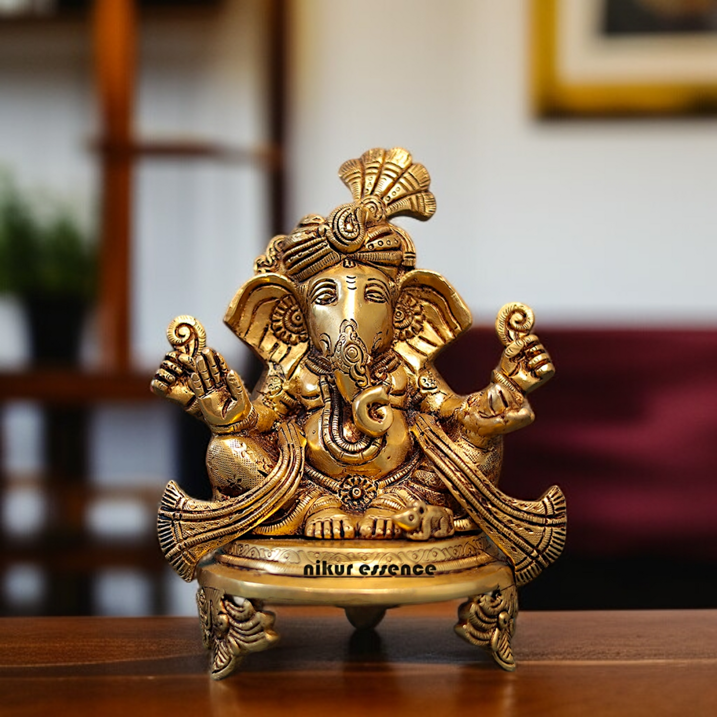 Ganesha pagdi Seated on chowki Brass idol - 7.5 Inches Nikuressence