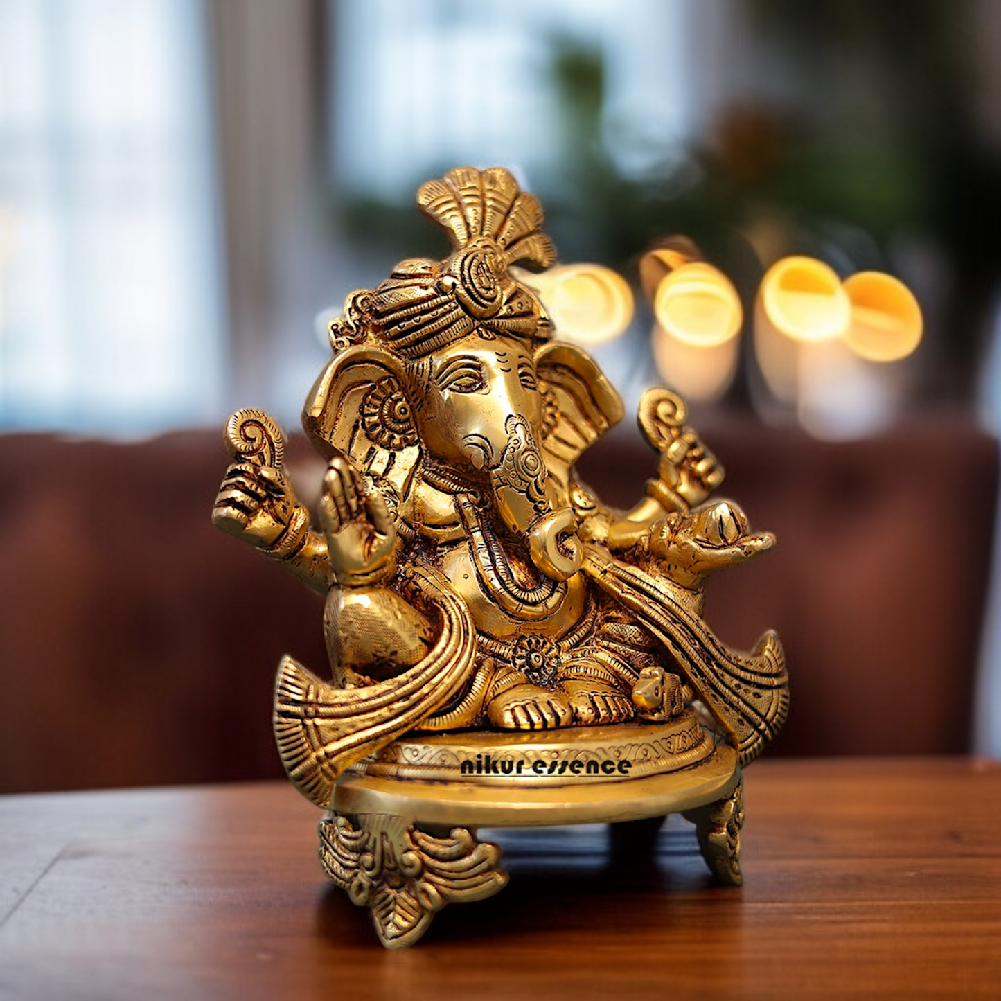 Ganesha pagdi Seated on chowki Brass idol - 7.5 Inches Nikuressence