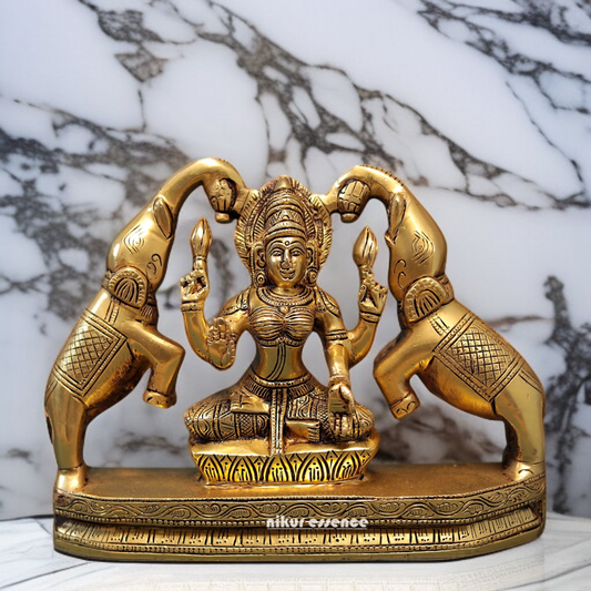 Goddess Gaja Lakshmi Seated with Blessing Brass idol - 9.5 Inches Nikuressence