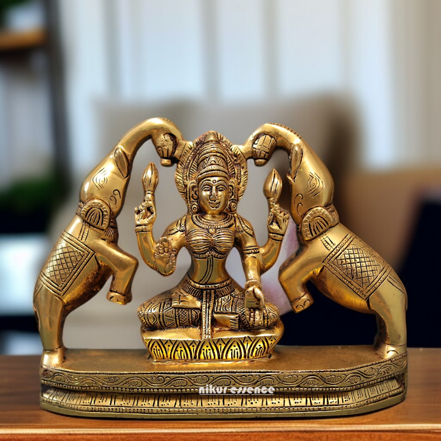 Goddess Gaja Lakshmi Seated with Blessing Brass idol - 9.5 Inches Nikuressence