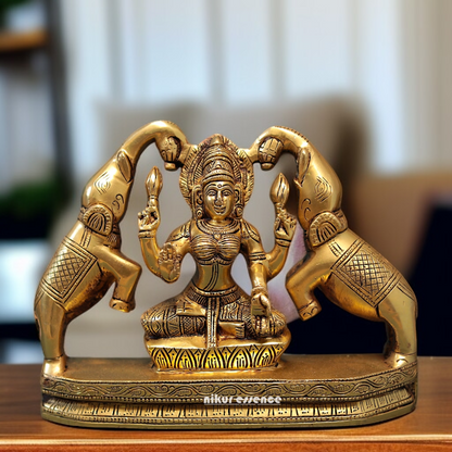 Goddess Gaja Lakshmi Seated with Blessing Brass idol - 9.5 Inches Nikuressence