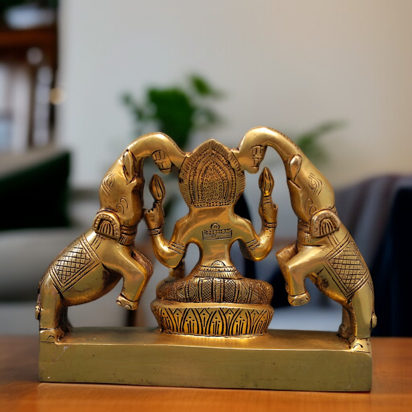 Goddess Gaja Lakshmi Seated with Blessing Brass idol - 9.5 Inches Nikuressence