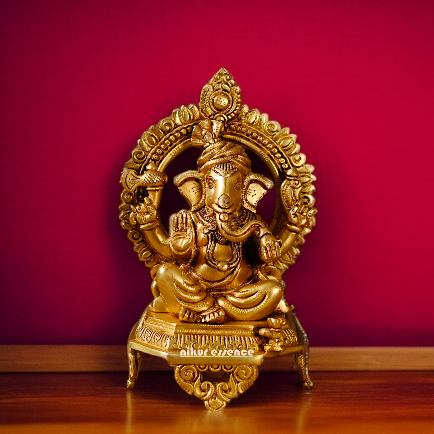 Ganesha Bhagwan Blessing with Sitting on singhasan Solid Brass idol - 10.5 Inches Nikuressence