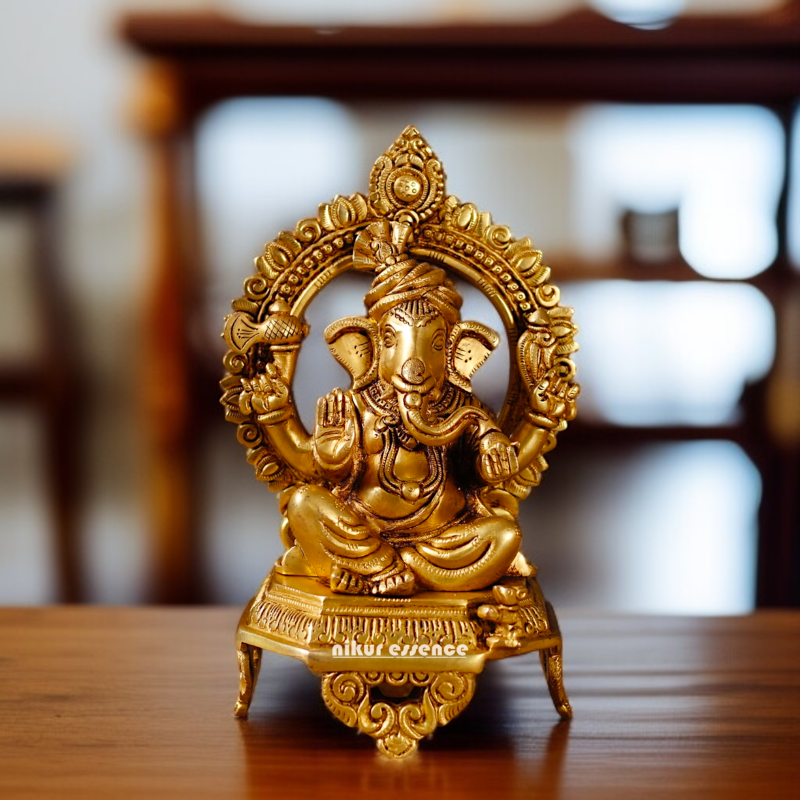 Ganesha Bhagwan Blessing with Sitting on singhasan Solid Brass idol - 10.5 Inches Nikuressence
