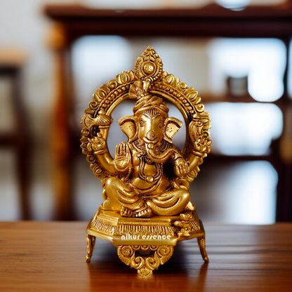 Ganesha Bhagwan Blessing with Sitting on singhasan Solid Brass idol - 10.5 Inches Nikuressence