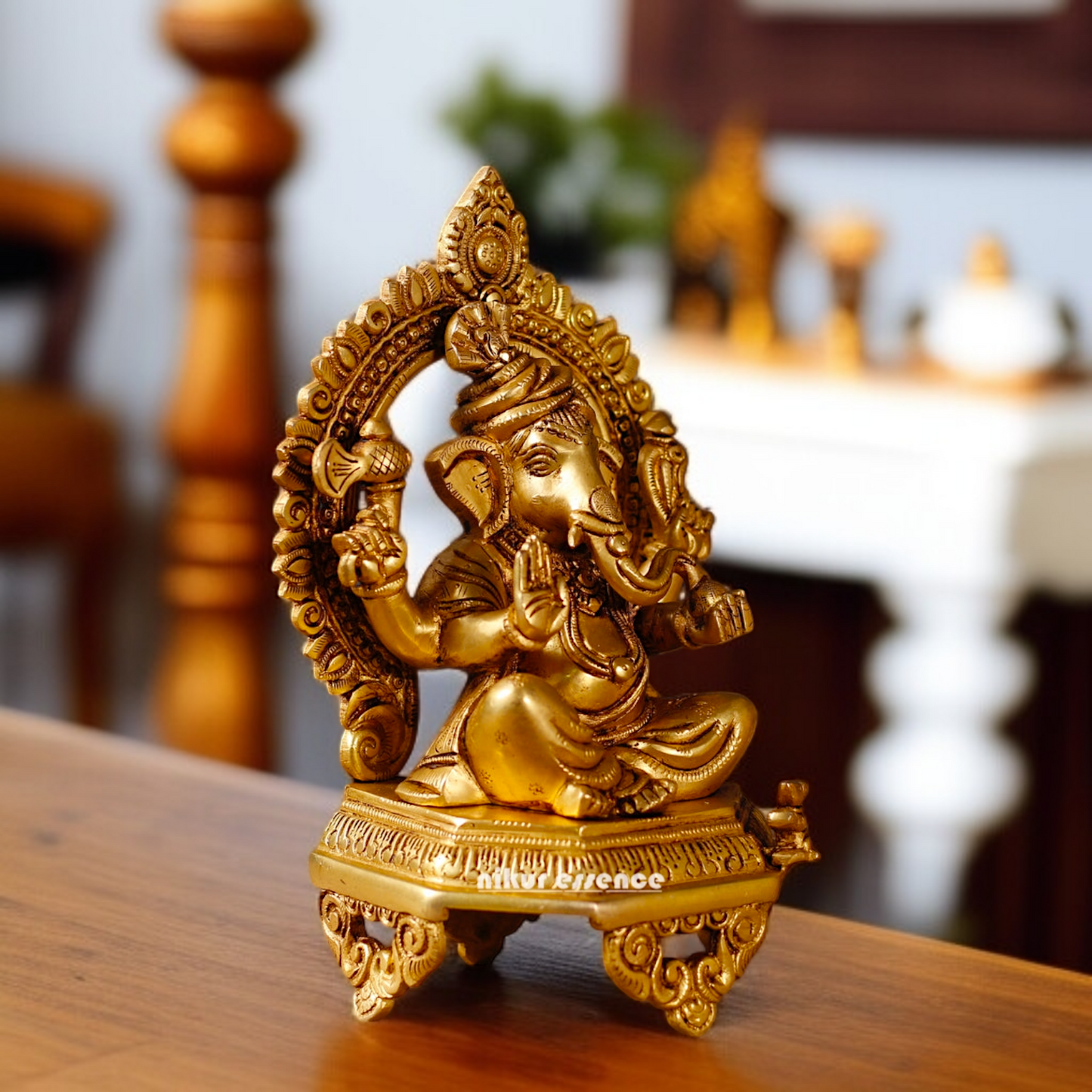 Ganesha Bhagwan Blessing with Sitting on singhasan Solid Brass idol - 10.5 Inches Nikuressence