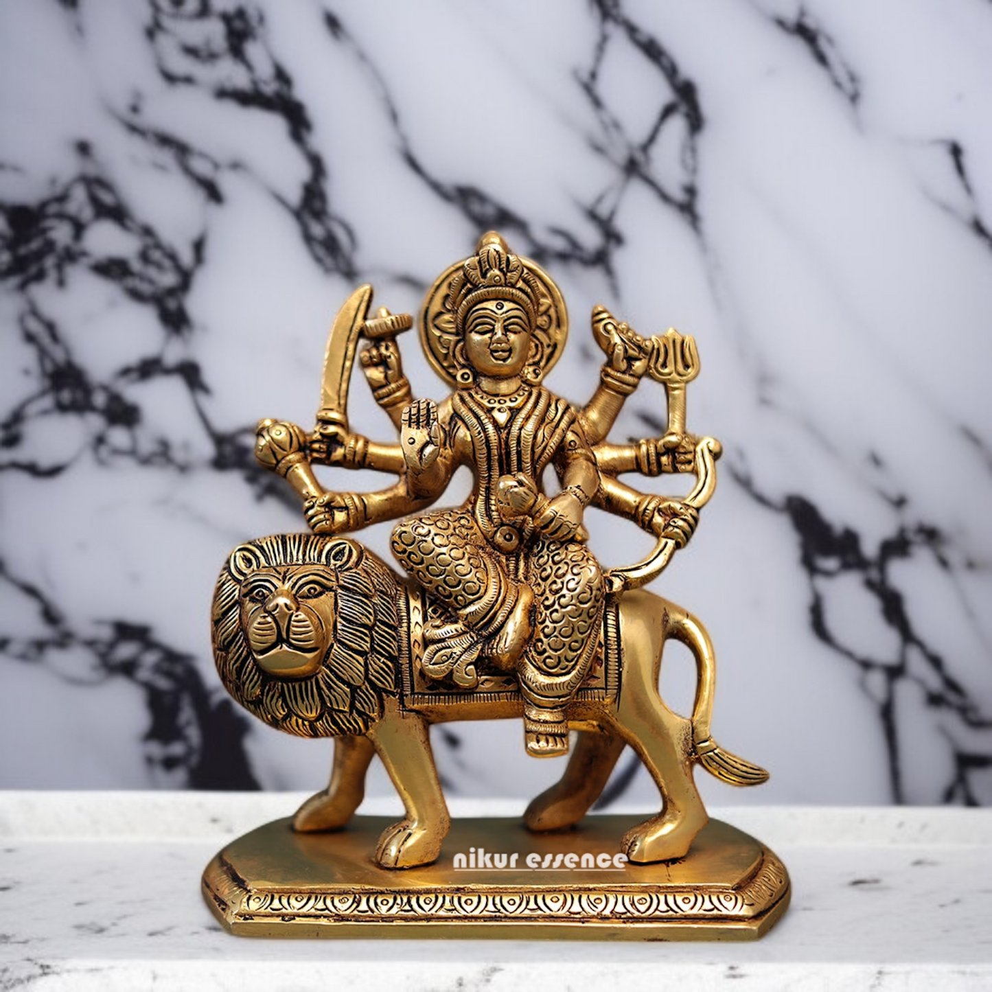 Goddess Sherawali Devi Mata seated on lion with Blessing Brass idol - 6 inches Nikuressence