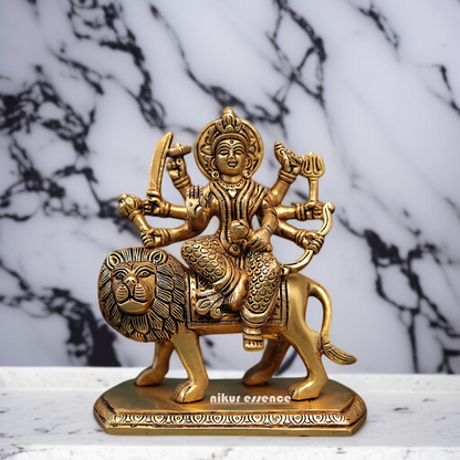 Goddess Sherawali Devi Mata seated on lion with Blessing Brass idol - 6 inches Nikuressence