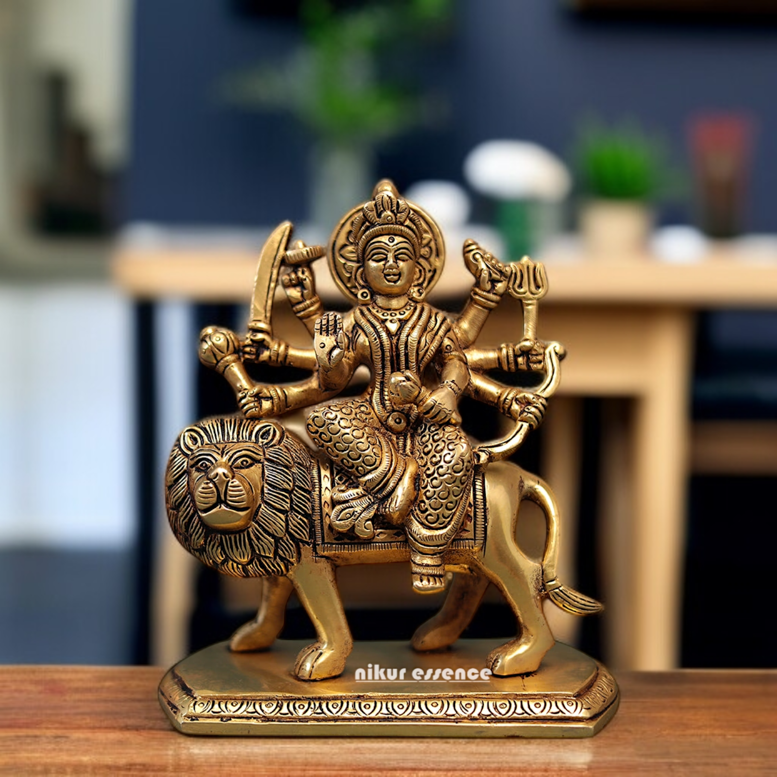 Goddess Sherawali Devi Mata seated on lion with Blessing Brass idol - 6 inches Nikuressence