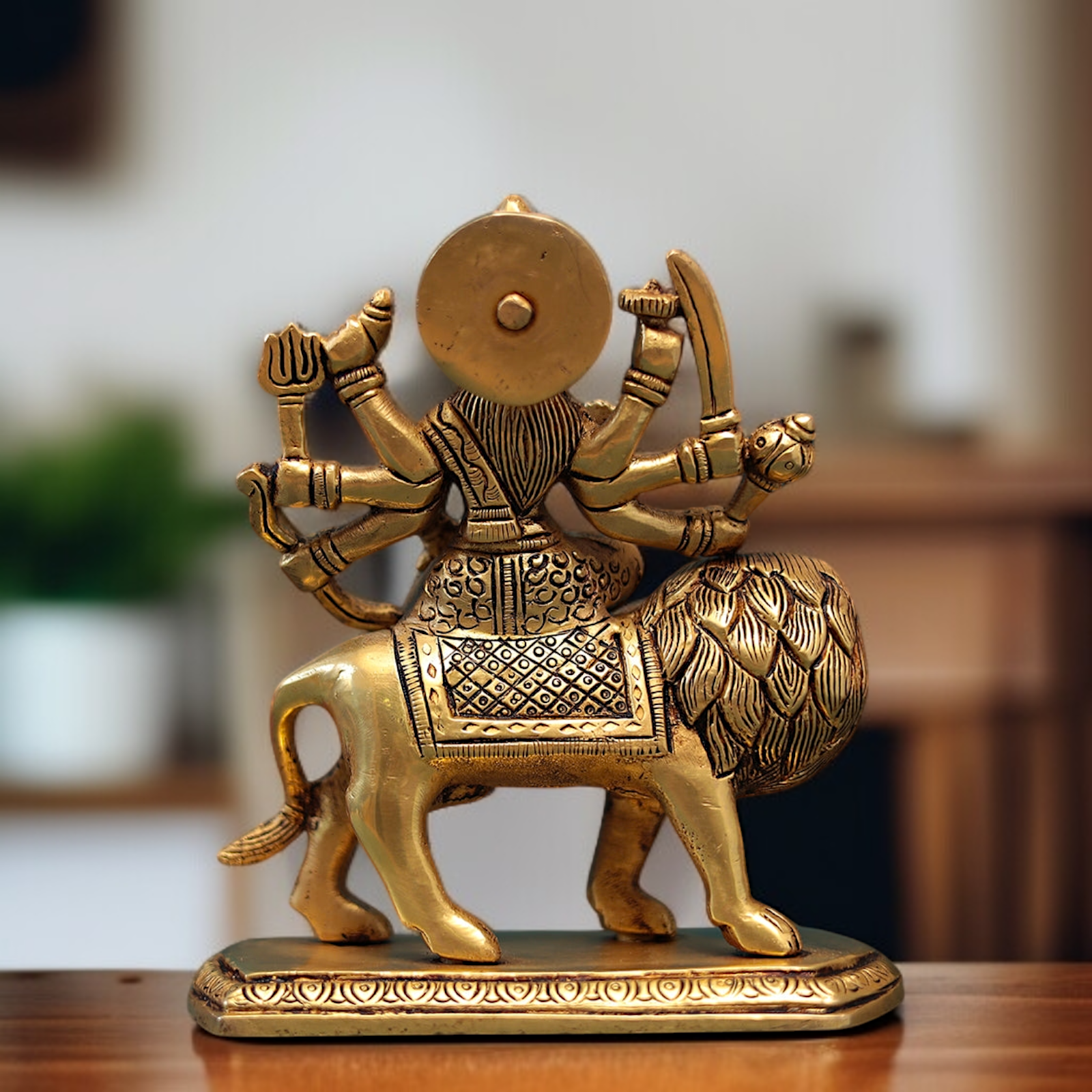 Goddess Sherawali Devi Mata seated on lion with Blessing Brass idol - 6 inches Nikuressence